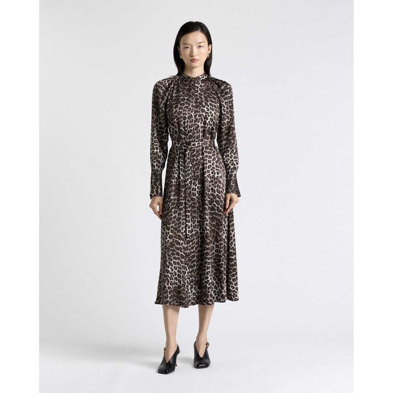Cue Leopard Viscose Satin Belted Midi Dress image number 3